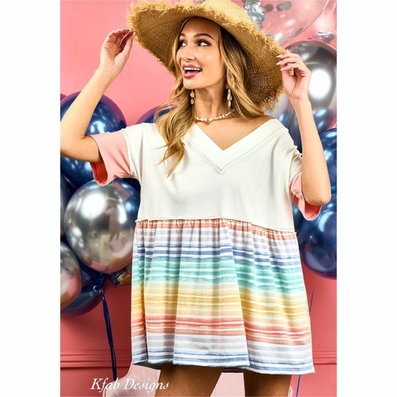 Last 1! BiBi V Neck Super Soft Jersey Knit Striped Contrast Stitch Top! - Picture 8 of 10